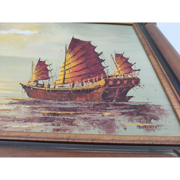 VTG Framed Chinese Junk Ships 20x16 C. Chan Oil Painting- Creative Galleries - Picture 4 of 16